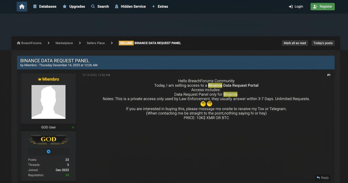 Hacker sells access to Binance law enforcement request panel for $10,000
